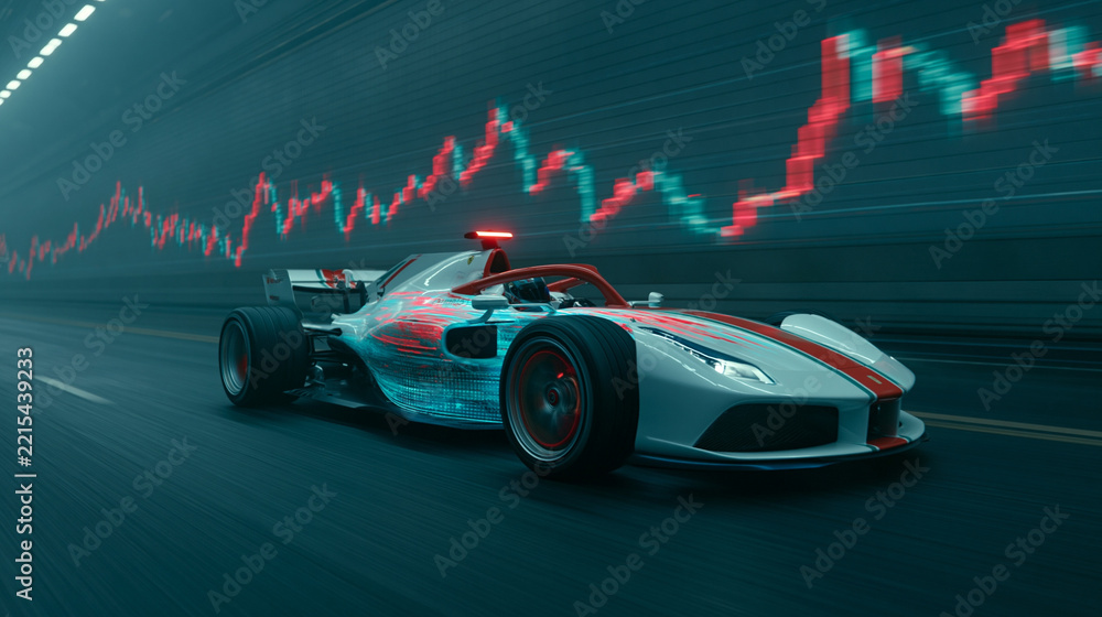 Fototapeta premium Sleek white and red formula one race car speeding on futuristic track against dynamic stock market chart.