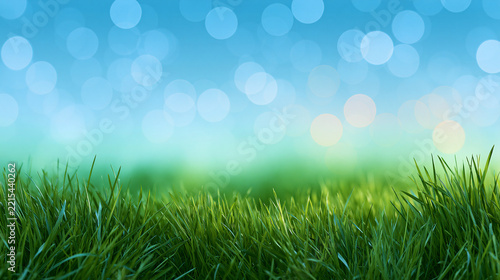 Soft green grass field with blue sky and bokeh lights for nature background and spring or summer season theme design.
