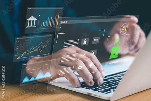 AI Cybersecurity and Financial Technology Concept with Digital Banking, Data Analytics and Secure Online Payment