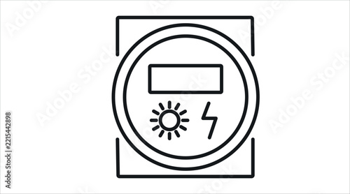 Smart electric meter with sun and lightning bolt vector icon. Black line art style on white background. Clean outline solar power monitor and net metering device for energy efficiency