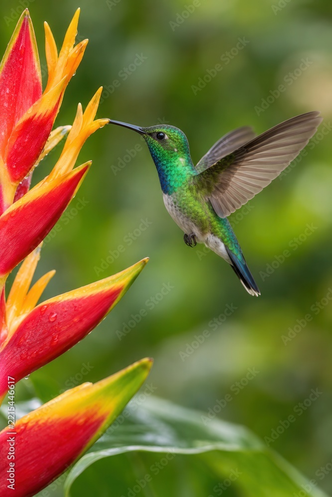 Fototapeta premium Green hummingbird hovering beside red and orange tropical flower while feeding on nectar in nature