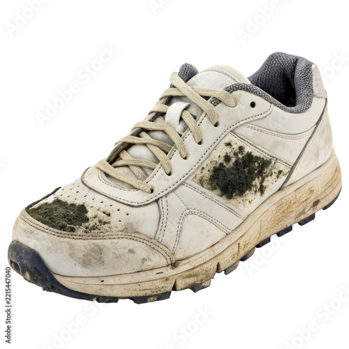 Dirty moldy sports shoe isolated on white background