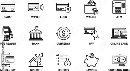 Comprehensive financial services and banking icons representing modern economic activities and digital transactions