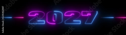 The year 2027 is rendered in vibrant neon light with a gradient of pink and blue hues, accompanied by horizontal light streaks on a dark black background, representing the future with a dynamic