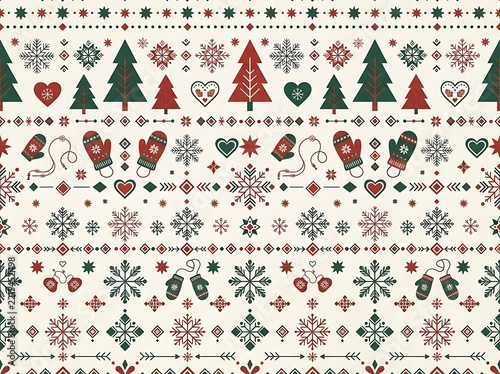Christmas seamless pattern with trees mittens and hearts in red and green colors design.