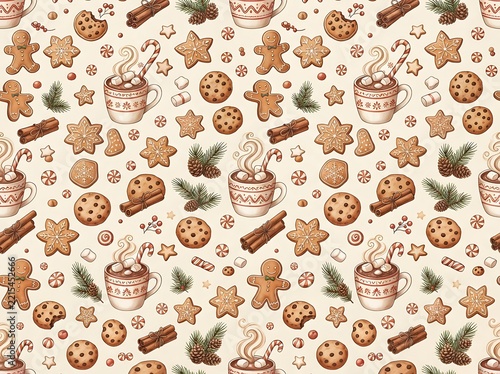 gingerbread cookies, hot chocolate mugs, and festive spices on a light beige background.