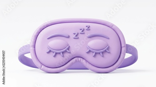 Cute purple sleeping mask with embroidered closed eyes and sleeping zzz text isolated on white background