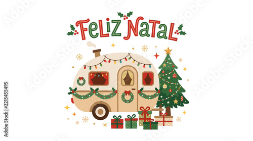Festive Caravan Christmas Scene with Decorated Tree and Gifts