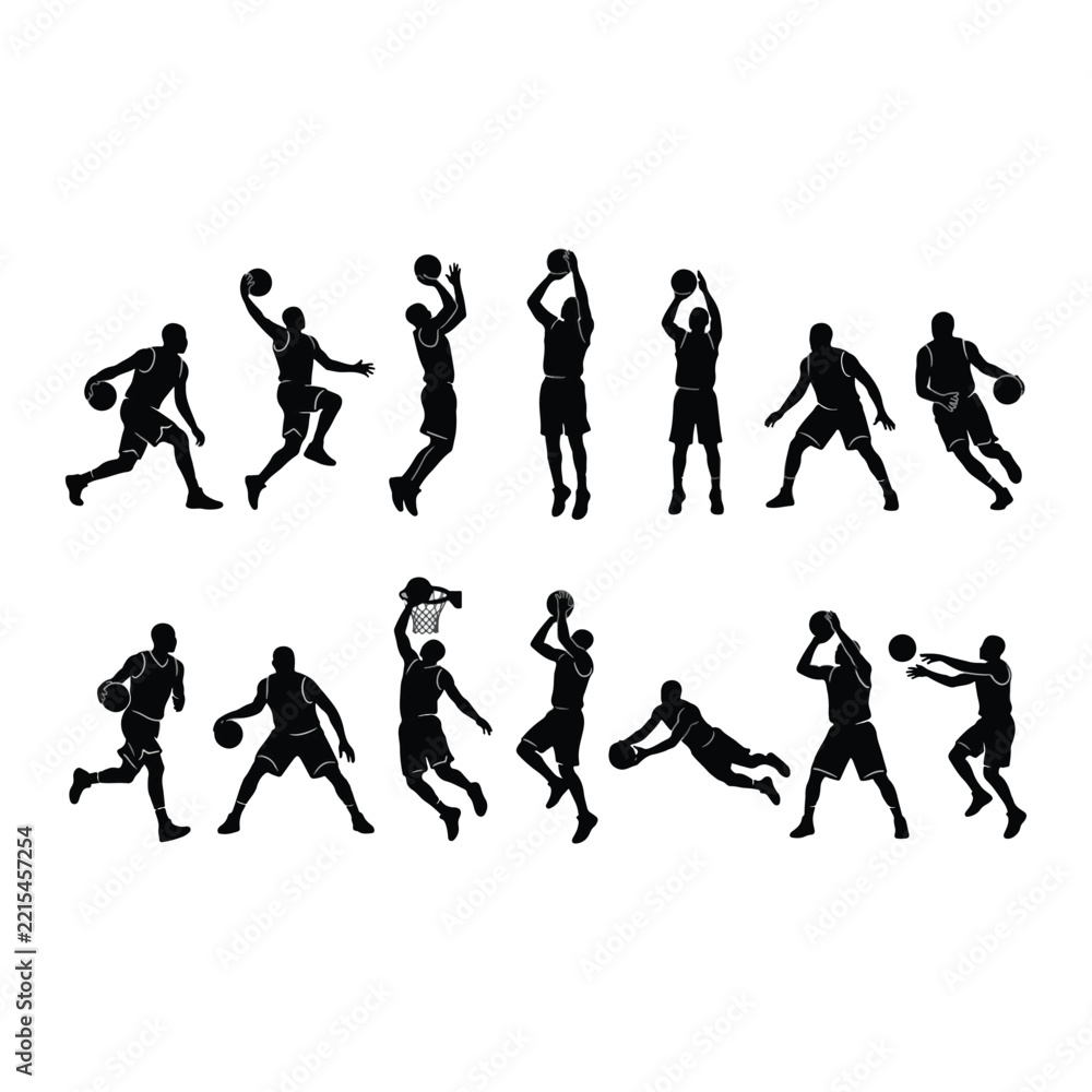Obraz premium Basketball player silhouette athlete set with dunk, shoot, dribble, and jump actions.