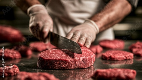Butcher carefully cutting fresh beef steak on dark surface