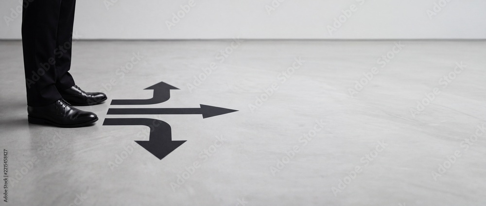 Fototapeta premium Businessman standing at a crossroads in front of three arrows pointing in different directions on a concrete floor, symbolizing decision making, career path choices, and business strategy options.