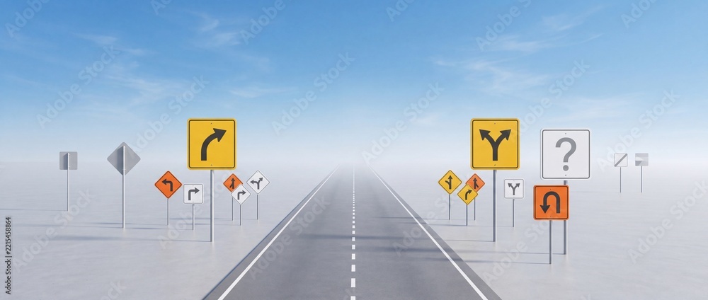 Fototapeta premium Conceptual Image of an Empty Asphalt Road Leading into a Foggy Horizon Surrounded by Various Confusing Traffic Signs Representing Life Choices, Career Decisions, and Business Strategy Challenges