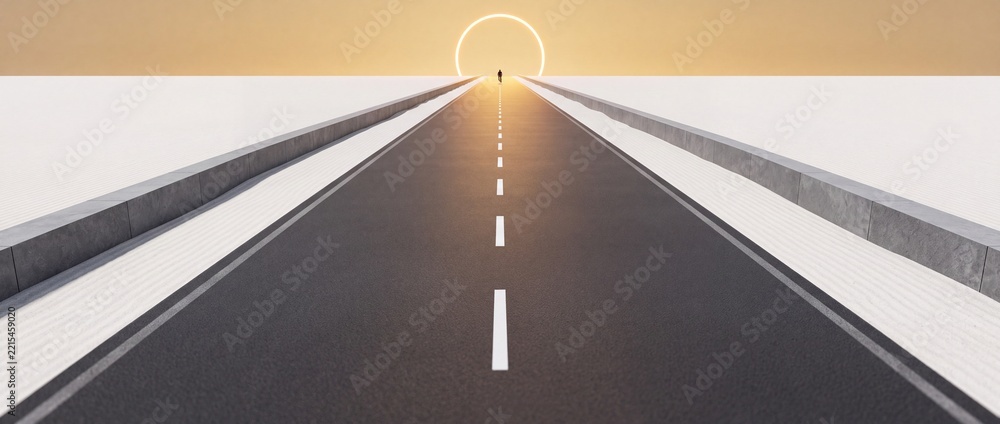 Fototapeta premium Straight symmetrical asphalt road leading towards a glowing circular halo sun at the horizon under a golden sunset sky, conceptual perspective shift landscape with silhouette at the end point