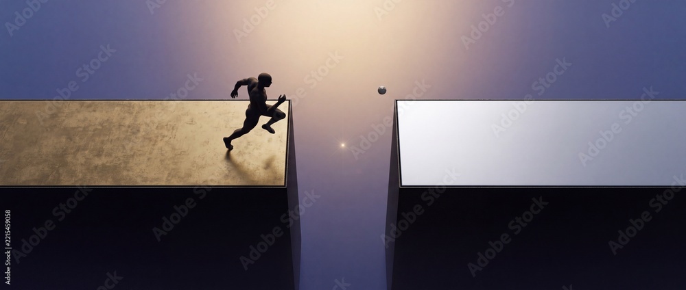 Fototapeta premium Conceptual 3D illustration of a muscular male figure running across a massive geometric block toward a gap, symbolizing risk, ambition, personal growth, and overcoming life obstacles.