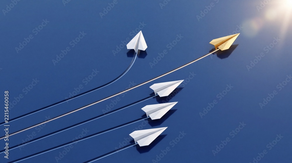 Fototapeta premium Golden paper plane leading a group of white paper airplanes on a blue background representing leadership, innovation, unique business strategy, successful commercial upgrade, and vision.