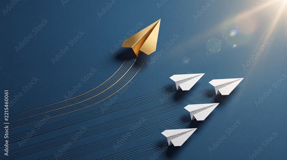 Fototapeta premium Golden paper plane flying up and leading a group of white paper planes on blue background. Concept of leadership, business success, innovation, being unique, and premium growth strategy.