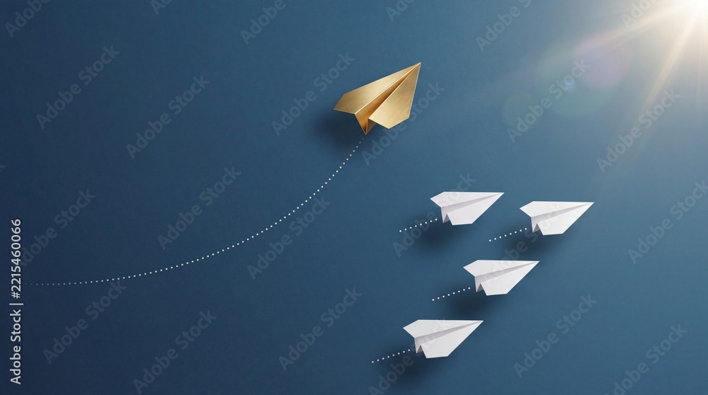 Fototapeta premium Golden paper plane flying in a different direction from white planes group on blue background, representing leadership, premium business growth, unique success, innovation, and career path.