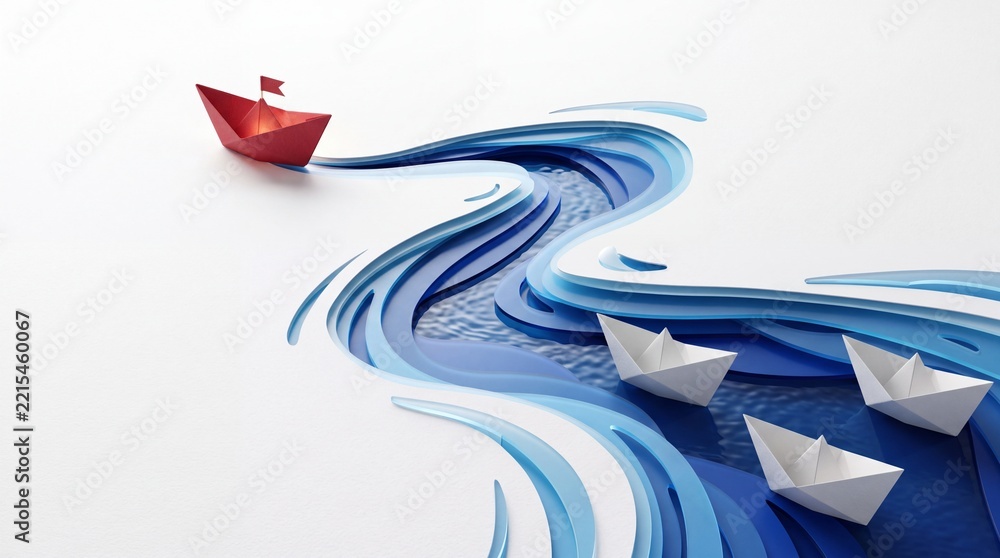Fototapeta premium Conceptual Image of Leadership and Unique Vision Represented by a Red Paper Boat Leading White Origami Boats Through a Stylized Layered Paper Cut Blue Sea and Waves on a Clean White Background