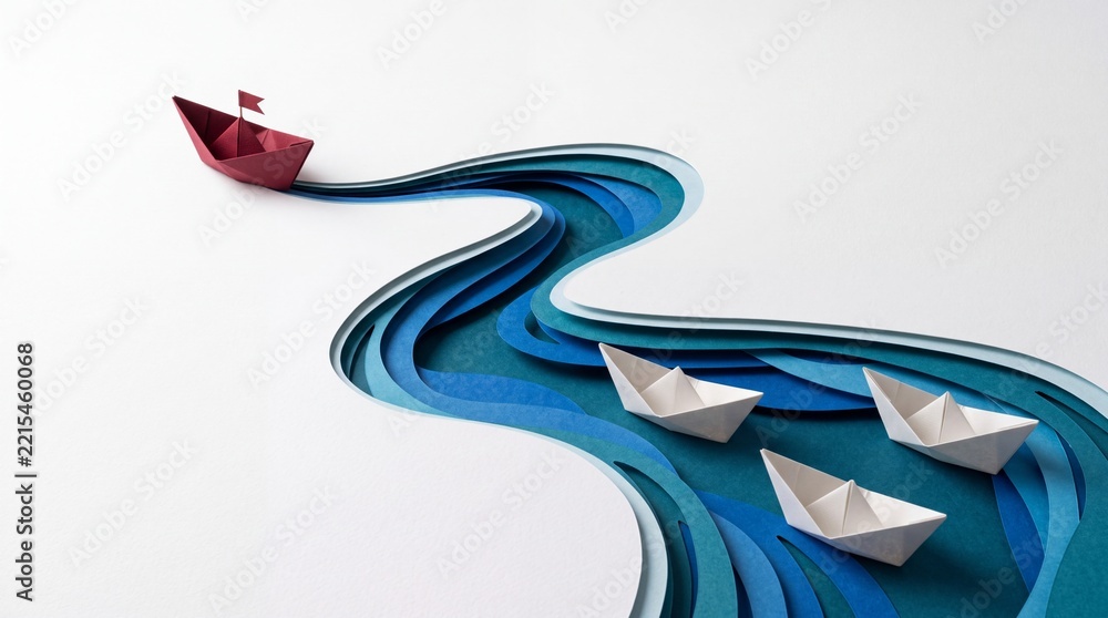 Fototapeta premium Red Paper Boat Leading Others on Blue Wavy River Cutout Art, Conceptual Image for Business Leadership, Visionary Management, Team Direction and Success Strategy on White Background