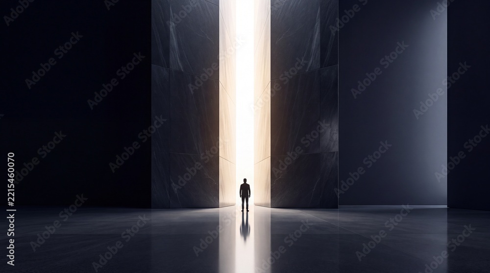 Fototapeta premium Silhouette of a businessman standing in front of a giant opening between massive marble walls with bright light shining through, representing corporate success, new opportunities, and future vision.