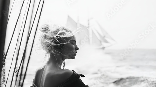 Jeune femme au profil serein face à la mer avec un voilier en arrière-plan
