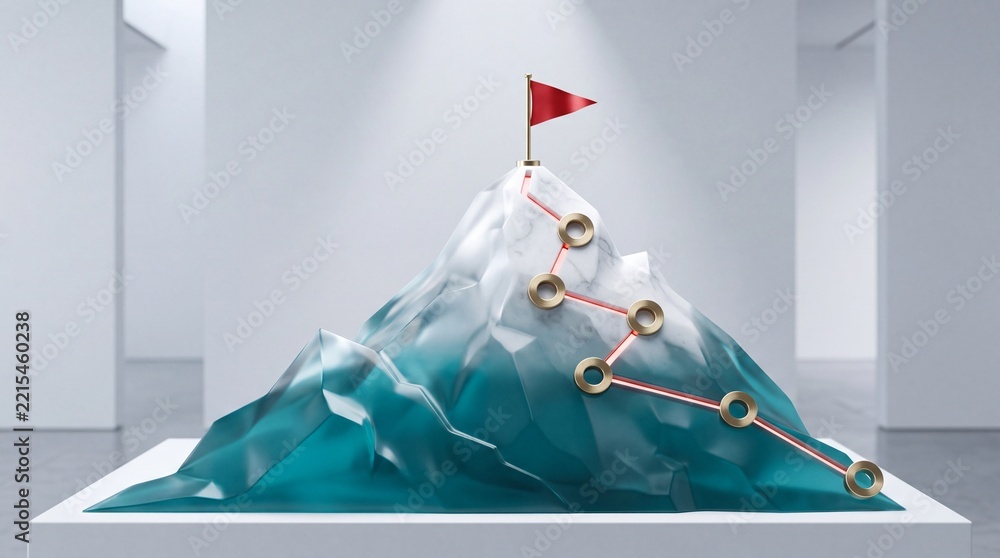 Fototapeta premium Conceptual 3D Illustration of a Mountain Sculpture with a Glowing Path and Gold Milestones Leading to a Red Flag at the Summit, Symbolizing Business Growth, Success, and Strategic Goal Achievement
