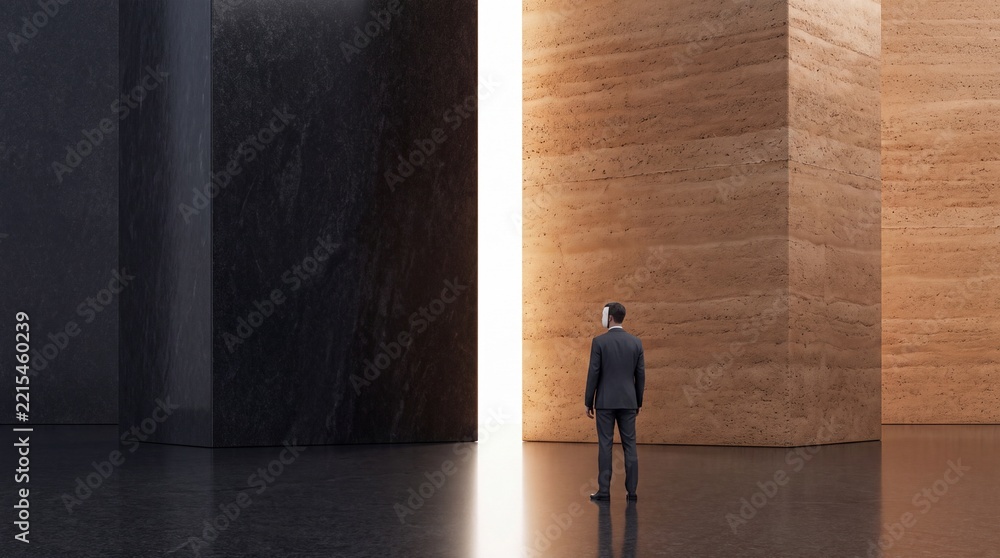 Fototapeta premium A masked businessman in a suit stands between massive stone monoliths facing a bright glowing gateway, representing premium commercial growth, strategic choices, and the future of corporate identity.