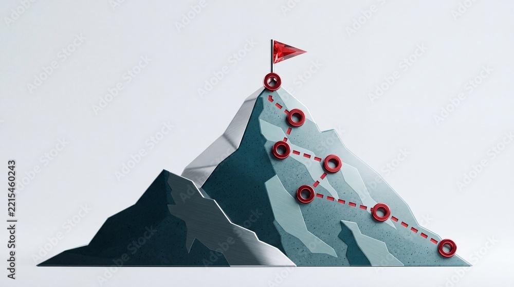 Fototapeta premium 3D Conceptual Illustration of a Mountain Peak with a Red Flag and Checkpoint Path Representing Business Success, Strategic Milestones, Career Achievement, and the Journey to Reaching Your Goals