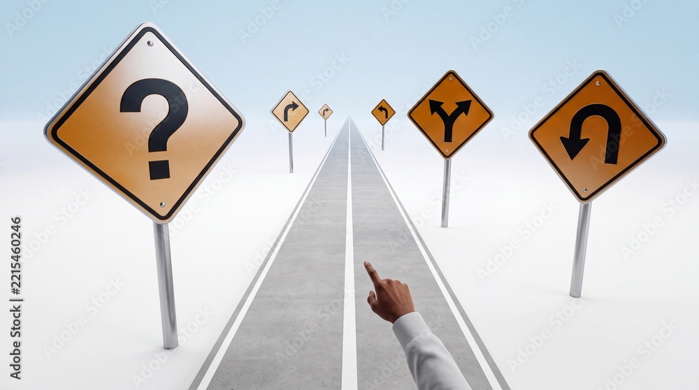 Fototapeta premium Conceptual perspective view of a long asphalt road with multiple yellow traffic signs showing question marks and directional arrows, symbolizing business strategy, life choices and direction.
