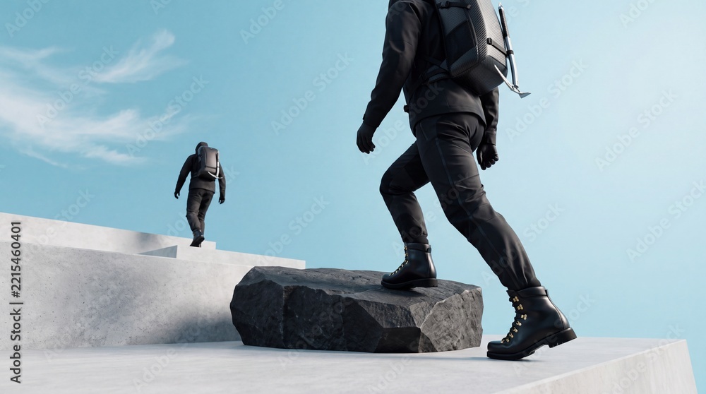 Fototapeta premium Low Angle View of People in Premium Black Technical Outdoor Gear Climbing Minimalist Concrete Steps Towards Clear Blue Sky, Conceptual Representation of Professional Growth and Success Upgrade