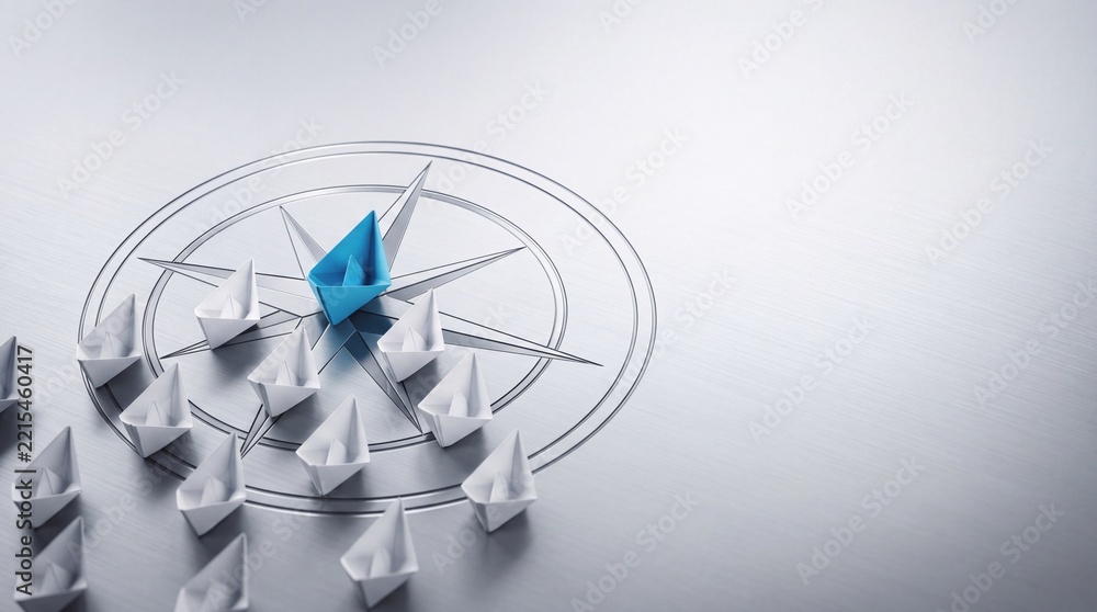Fototapeta premium Blue Paper Boat Leading a Fleet of White Boats on a Metallic Compass Rose Surface, Representing Leadership, Business Strategy, Corporate Guidance, Innovation, and Strategic Direction.