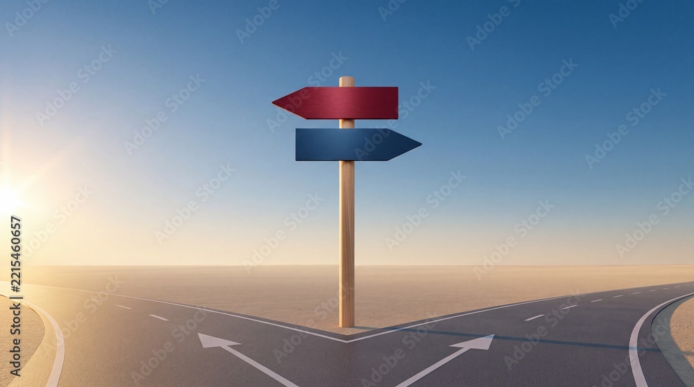 Fototapeta premium Strategic Business Decision Concept Featuring a Wooden Signpost with Red and Blue Arrows at a Fork in the Road in a Vast Desert Landscape During Sunrise for Commercial Growth and Premium Upgrades