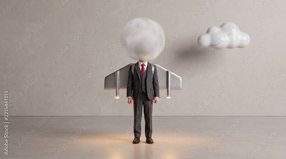 Fototapeta premium Conceptual image of a businessman wearing a metallic jetpack with his head obscured by a fluffy cloud, representing corporate innovation, creative vision, ambition, and professional growth.