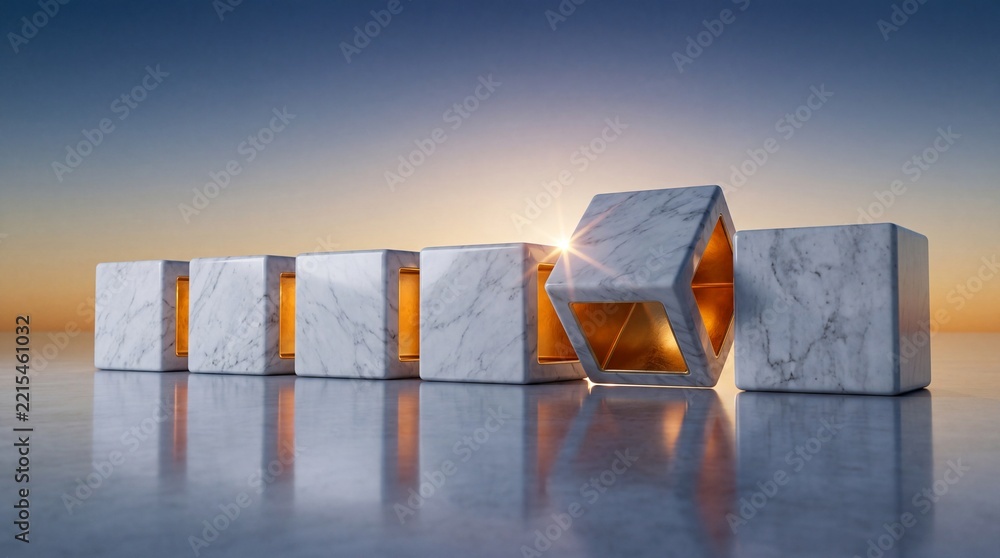 Fototapeta premium Abstract Conceptual Imagery of Premium White Marble Cubes with Glowing Gold Interiors Standing in a Row During Sunset Symbolizing Commercial Upgrade, Business Innovation, and High-End Luxury Success
