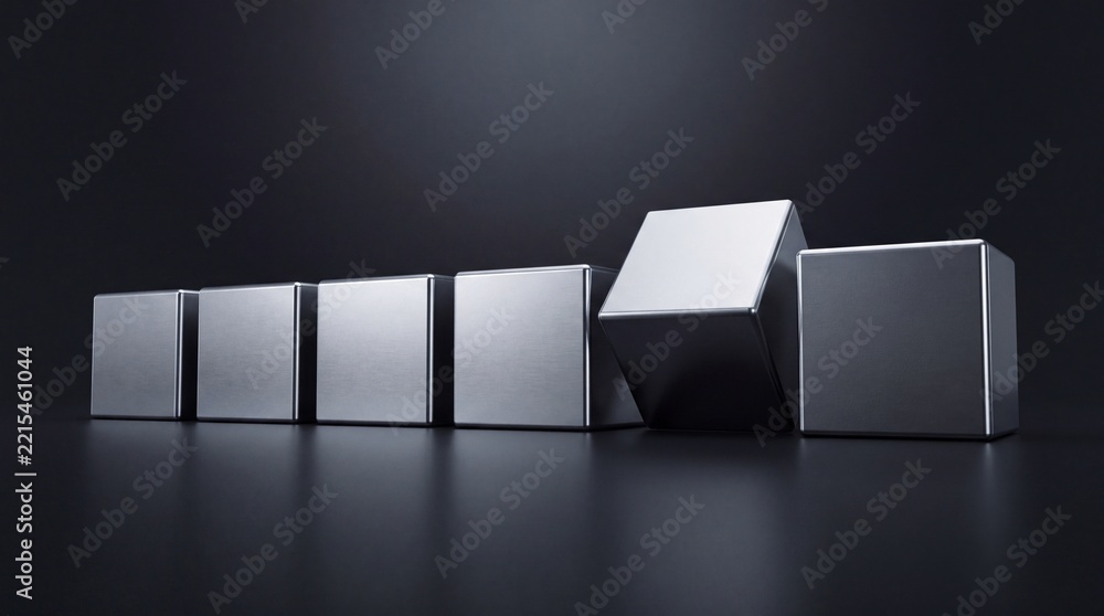 Fototapeta premium Abstract 3D Illustration of Premium Metallic Silver Cubes in a Row on a Dark Reflective Surface with One Cube Tilted Representing Innovation Business Upgrade and Standing Out from the Crowd