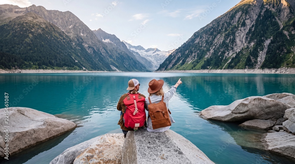 Fototapeta premium Young adventurous couple with backpacks sitting on a rock and pointing at a stunning turquoise alpine lake surrounded by majestic snow-capped mountains during a summer hiking trip in the Alps