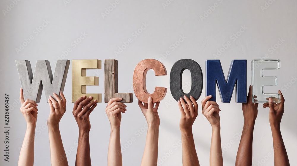 Fototapeta premium Diverse Group of People Holding Large Three Dimensional Letters Spelling Welcome Made of Various Materials Like Wood Metal Concrete and Glass Representing Inclusion Diversity and Hospitality