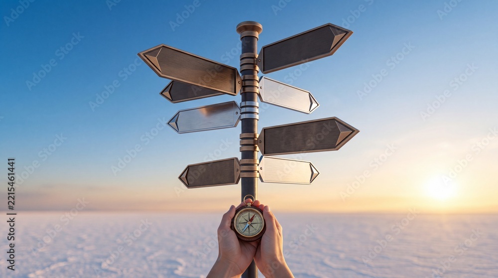 Fototapeta premium Hands holding a vintage compass in front of a multi-directional blank signpost on a vast salt flat at sunset, symbolizing decision-making, navigation, business strategy, and choosing the right path.