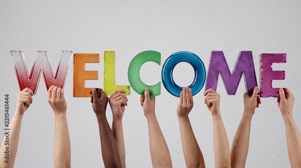 Fototapeta premium Diverse Group of People with Different Skin Tones Holding Up Large Colorful 3D Letters Spelling the Word Welcome Against a Neutral Background, Concept of Hospitality, Inclusion and Greeting