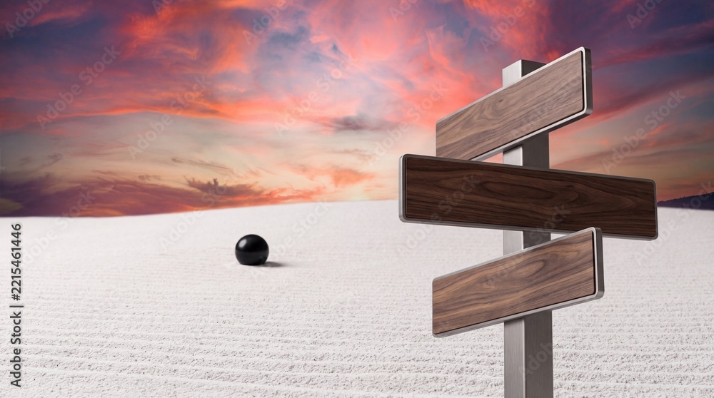 Fototapeta premium Strategic Choice and Direction Concept Featuring a Blank Wooden Signpost in a Minimalist Zen Garden with Raked White Sand and Dramatic Sunset Sky for Business Navigation and Decision Making.