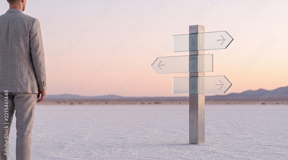 Fototapeta premium Professional businessman in a suit standing in a vast salt flat desert looking at a modern glass signpost with directional arrows, symbol of business decision making and choosing future career paths.