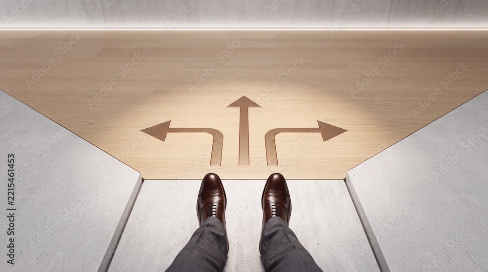 Fototapeta premium First-person perspective of a businessman in brown leather shoes standing before three directional arrows on a wooden floor, representing strategic decision making and career path choices.