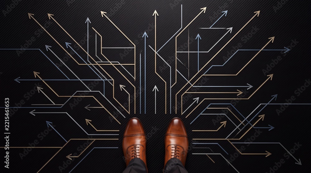 Fototapeta premium Businessman standing at a crossroads of glowing digital arrows representing multiple career paths, financial growth, strategic commercial opportunities, and future direction for premium success.
