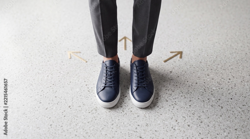 Fototapeta premium Professional person in blue leather sneakers standing at a crossroads with gold arrows on the floor, symbolizing business decision making, career direction choice, and strategic path planning.