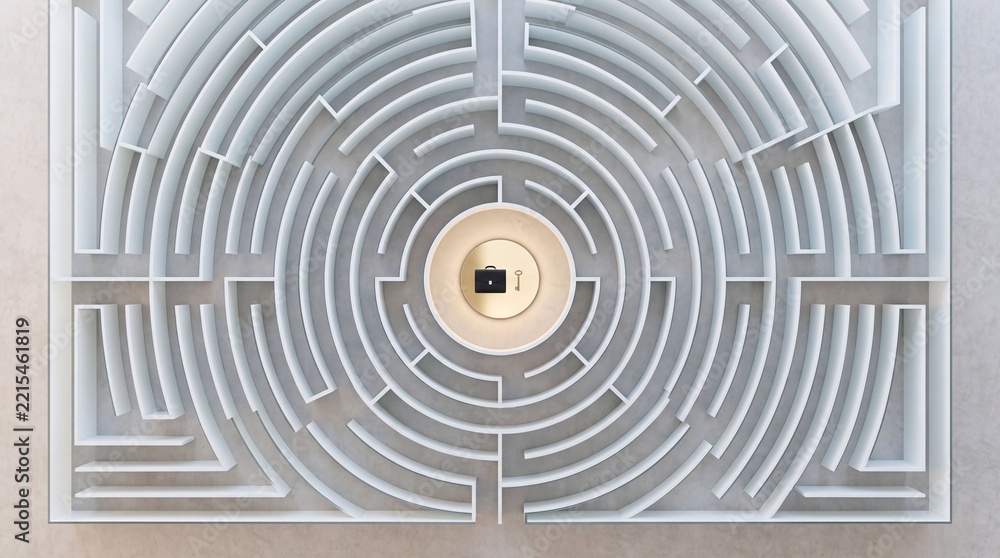 Fototapeta premium Top view of a complex circular white labyrinth maze with a briefcase and a key in the illuminated center, symbolizing business strategy, problem solving, career success, and finding solutions.