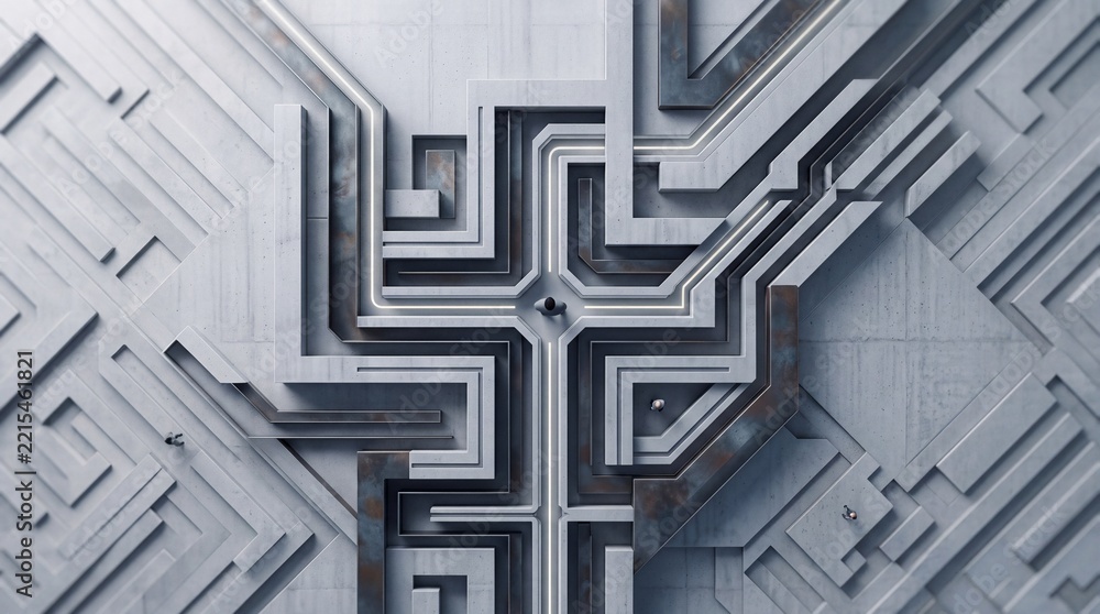 Fototapeta premium Top down overhead view of a complex architectural concrete labyrinth with miniature people navigating intricate paths representing business strategy, problem solving and urban complexity