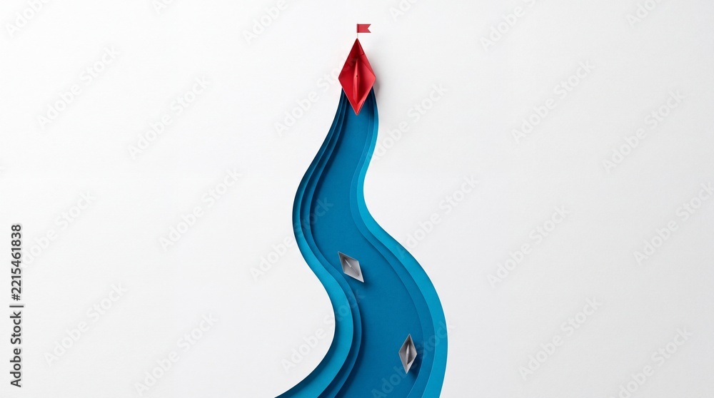 Fototapeta premium Leadership and Vision Concept with a Unique Red Paper Boat Leading Others Along a Winding Blue River Path, Overhead Top Down View of Success, Direction, and Business Strategy on White Background