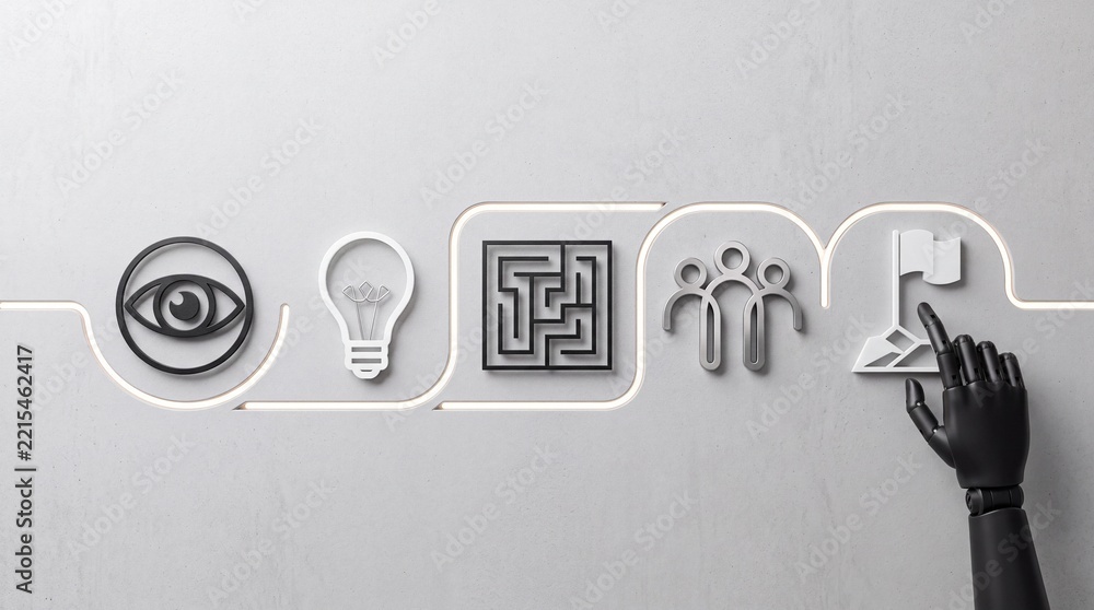 Fototapeta premium Artificial Intelligence Robot Hand Touching Success Flag Icon in a Strategic Business Process Sequence including Vision Idea Problem Solving and Teamwork on Grey Wall Backdrop