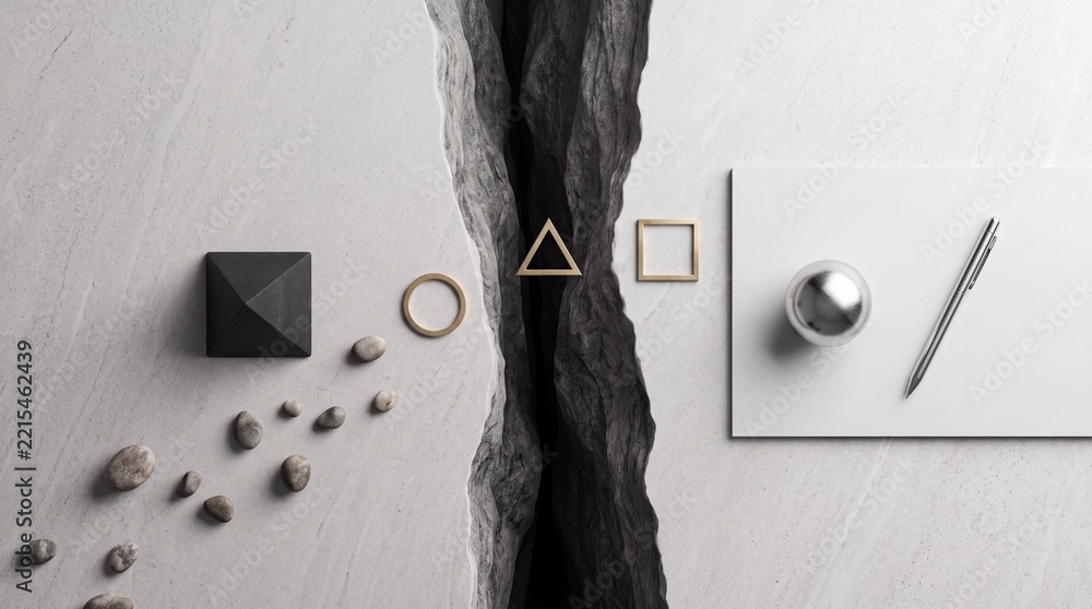 Fototapeta premium Top down minimalist view of golden geometric shapes and a black pyramid on a cracked stone surface with a pen and chrome sphere, symbolizing business strategy and conceptual design.