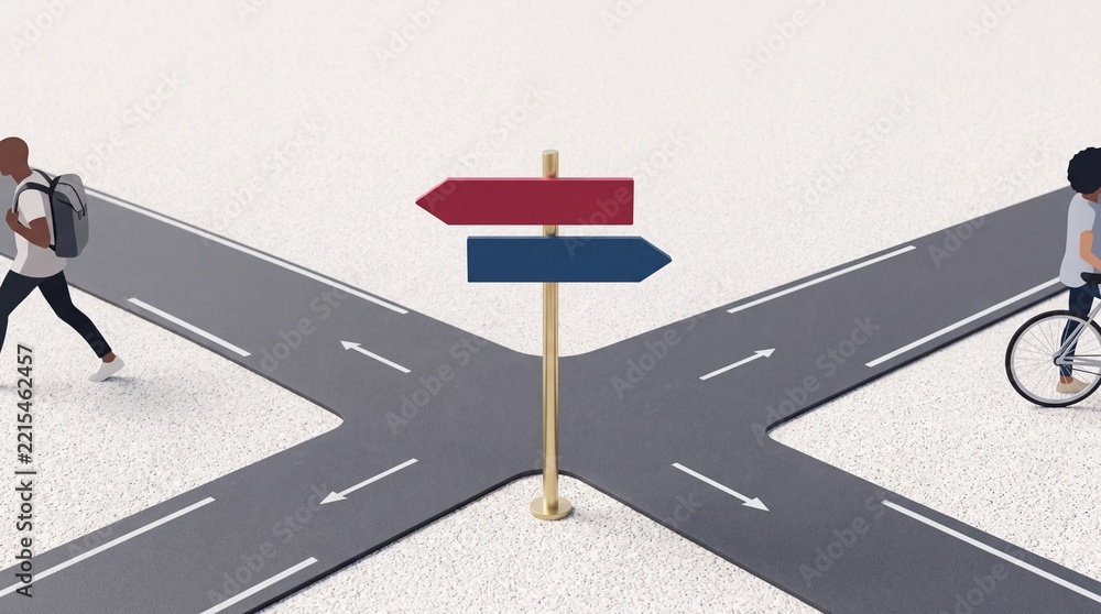 Fototapeta premium Top down overhead view of people choosing different directions at a crossroad intersection with a signpost, concept of decision making, life choices, and picking a career path in 3D illustration